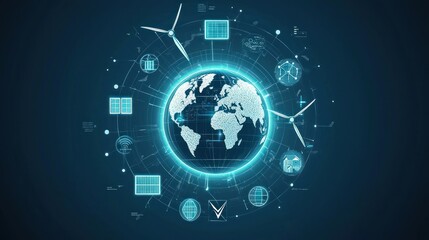 Fototapeta premium A globe surrounded by green energy icons like wind turbines and solar panels, representing global sustainability efforts