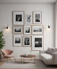 Minimalist living room, gallery wall of empty frames, modern art,  feel,  furniture,  interior design