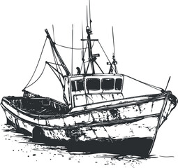 Black and white hand-drawn illustration of a fishing boat with detailed structure and rigging