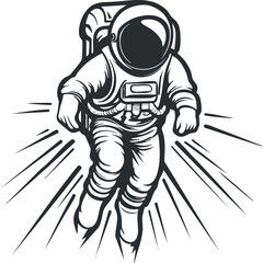 Illustration of an astronaut floating in space wearing a spacesuit and helmet with rays indicating motion