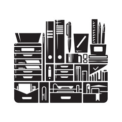 Desk Organizer Silhouette Vector Illustration, Solid White Background.