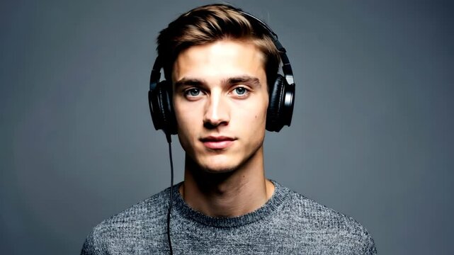 Young man with blue eyes wearing headphones looking straight, grey backdrop studio lighting.