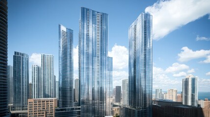 Fototapeta premium Chicago skyline Modern skyscrapers, city view, sunny day, architectural rendering