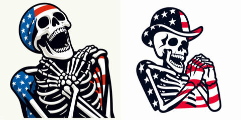skeleton wear american flag Laughing Together. Funny Animal Vector Clip art. Bony figure garment patriotic banner jovial union cheerful festive moment.