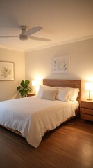 Fototapeta premium Cozy Bedroom Interior, Soft Lighting, Wood Floors