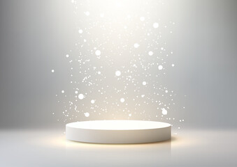 3d sleek white cylindrical pedestal with sparkling particles under radiant spotlight, award celebrity concept, product display mockup