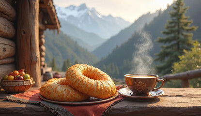 Tranquil Morning Bliss: Perfectly Brewed Coffee and Golden Croissants in Warm Sunlight