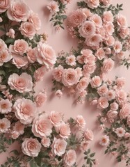 Elegant muted pastel pink floral wall; vintage style artificial blooms,  flower wall background,  photography