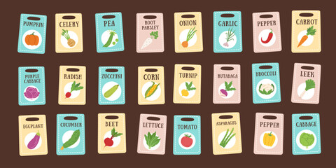 Set of vegetables seeds cliparts isolated on brown background. Gardening, healthy food and farming concept banner. Vector hand drawn template.