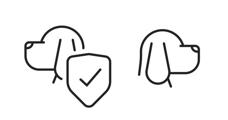 Dog shield logo line stroke icon vector, pet safety guard sign symbol linear thin outline, veterinary medical paw protection silhouette graphic illustration set, puppy face head simple safeguard
