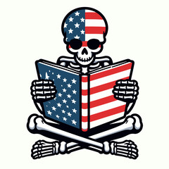 skeleton wear american flag Reading together. Funny Animal Vector Clip art. Bony figure apparel patriotic banner studying union joint activity.