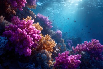 Naklejka premium Coral Reef Underwater with Fish and Sunlight