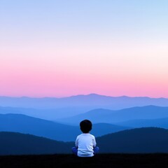 Obraz premium Child sits overlooking blue mountains
