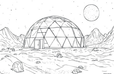 Black and white sketch of a geodesic dome structure on a rocky landscape with mountains and a large moon in the sky © vadymstock