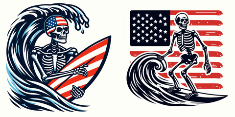 skeleton wear american flag wave Surfing. Funny Animal Vector Clip art. Bony apparel star-spangled banner flow ocean adventure sport.