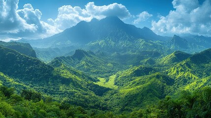 Naklejka premium Lush Green Mountainscape Under a Blue Sky with Puffy Clouds