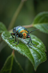 Naklejka premium Striking Close-Up of Colorful Beetle Resting on Leaf with Lush Green Background