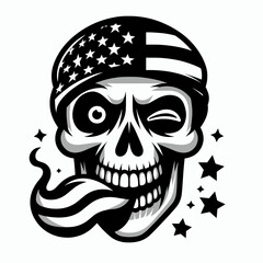 skeleton wear american flag Winking Face With Tongue. Funny Animal Vector Clip art. Patriotic skull attire showing playful expression national banner.