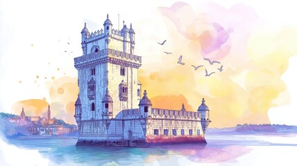 Naklejka premium Belem Tower. Belem Tower hand drawn watercolor illustration