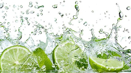 A refreshing splash of lime-infused water, droplets scattering in every direction against a pure white background.