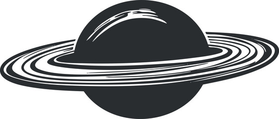 Black and white illustration of a ringed planet resembling Saturn with prominent orbital rings