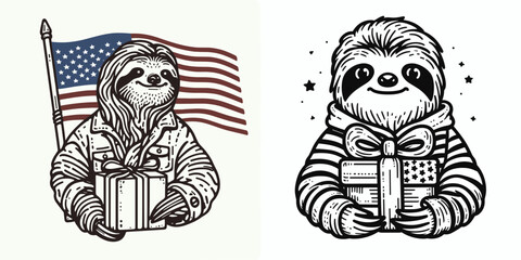 Obraz premium sloth wear american flag Gift Exchange. Funny Animal Vector Clip art. Comfy creature patriotic banner trade present swap novelty attire.
