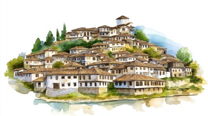 Fototapeta premium Berat Old Town. Berat Old Town hand drawn watercolor illustration
