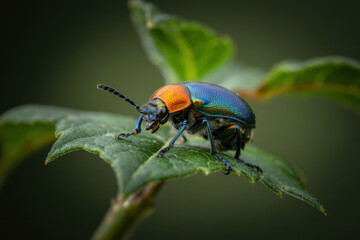 Colorful Macro Close-Up of Shimmering Beetle on Green Leaf Capturing Nature's Beauty