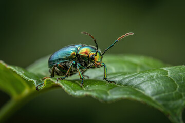 Naklejka premium Vibrant Close-Up of Iridescent Beetle Resting on Leaf with Lush Green Background