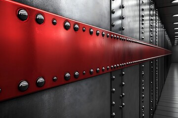Industrial metal panels with red accent and fasteners in a long hallway