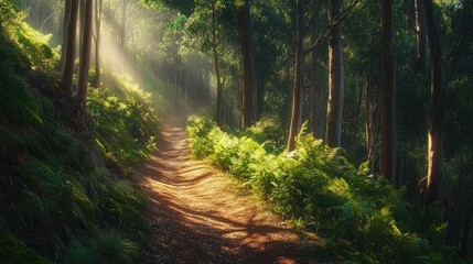 Sunlit Forest Path: A Mystical Journey Through Lush Greens