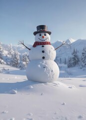 Obraz premium Frosty snowman, winter gear scattered, vast expanse of snow, snowman, winter