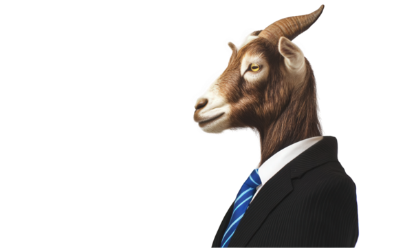 Professional goat in a stylish dark suit and blue tie business portrait on transparent background - Powered by Adobe