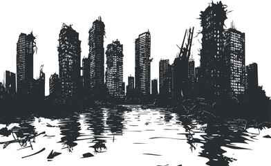 Fototapeta premium Black and white silhouette of a ruined city skyline with damaged skyscrapers reflected in water