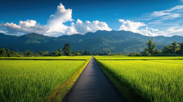 Asphalt road through vibrant rice paddies, mountains in the distance