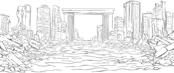 Black and white line drawing of a destroyed cityscape with ruined buildings and rubble in a post-apocalyptic setting