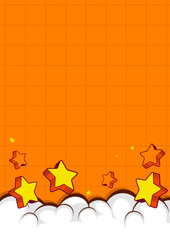 Orange comic cartoon background with clouds, stars, and lines, children education and ad template, fun text space design, cute and colorful vector illustration, not AI generated.