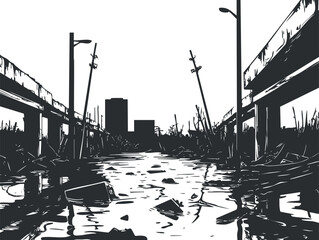 Black and white illustration of a flooded urban street with damaged infrastructure and submerged debris