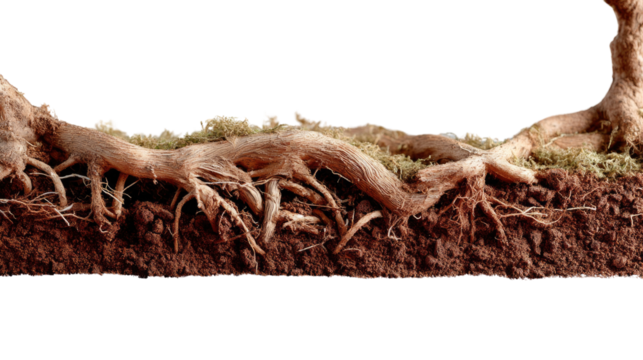 Rooted in Nature: An intricate display of exposed tree roots, showcasing the beauty of the natural world, the strong foundation and the symbiosis of the natural ecosystem.