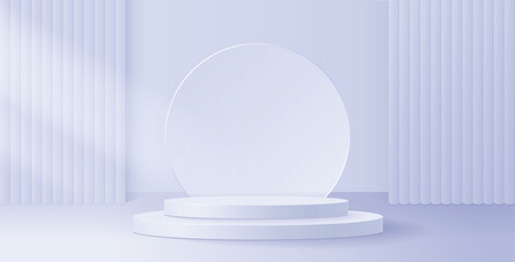 3d podium stage with transparent circle behind, abstract colored studio with tile wall and window light overlay effect. Realistic podium for product showcase display, vector illustration.