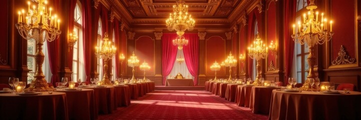 Golden candelabras and crystal chandeliers illuminate a grand ballroom, , candelabras, grand ballroom