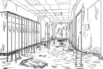 Flooded school hallway with lockers and doors showing water damage and debris scattered on floor