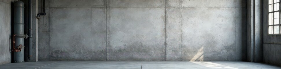 Grey textured concrete wall with industrial pipes and metal beams, urban landscape, building, industrial decor