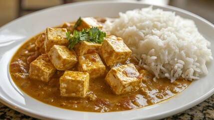 Delicious tofu masala accompanied by fluffy basmati rice, ready to serve