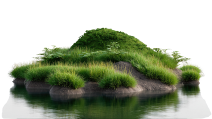 Lush Green Island: A verdant, isolated island rising from the tranquil waters, featuring lush green grasses, dense foliage, and a rocky base, offering a serene and picturesque scene of natural beauty.