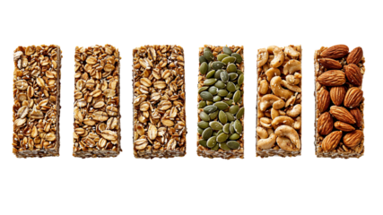 variety of granola bars isolated on white background.