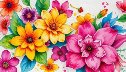 Obraz premium Vibrant watercolor and acrylic flower painting, colorful blooms on textured paper, botanical, abstract