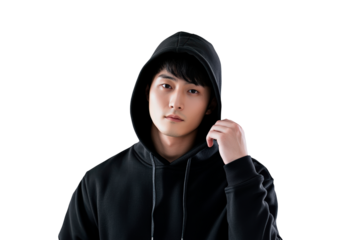 Young asian man wearing black hoodie isolated on transparent background