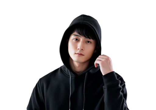 Young asian man wearing black hoodie isolated on transparent background