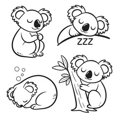 Cute Koala Bear Line Art Set, Sleepy Cartoon Animals, Isolated Black and White Sketches